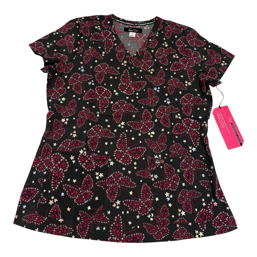Luxe Butterfly-Print V-Neck Tunic - Black & Pink~NWT